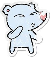 distressed sticker of a cartoon whistling bear vector