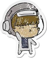 distressed sticker of a cartoon curious astronaut waving vector