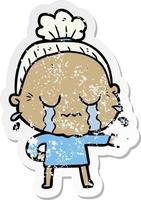 distressed sticker of a cartoon crying old lady vector