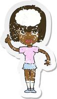 retro distressed sticker of a cartoon woman with idea vector