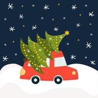 Christmas tree by car. Nice naive print. Dark time of the day, snowfall. New Year's holidays. trendy design for print, postcard, poster. Vector illustrations, cartoon