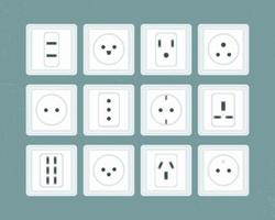 electric outlet set. 12 connectors for power. American, European, Japanese devices for energy, adapters to insert cable, tv wire. Isolated objects. Vector illustration, flat