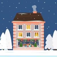 house is decorated for christmas. Three-storey building. Festive illumination, a beautiful garland and a showcase for gifts on the 1st floor. Snowfall. Vector illustration, flat