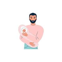 happy brunette bearded man holding a newborn baby in his arms. Isolated image for fathers day cards design, males parenting forums. Vector illustration, flat