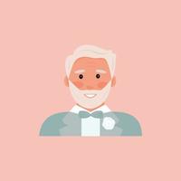 elderly groom portrait. Stylish image of a grandfather in a classic suit with a boutaniere. Vector illustration, flat