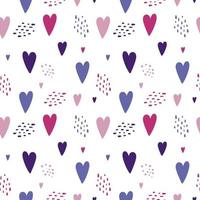 Valentine's day seamless endless pattern. Cute background in trendy colors of the season. Naive hearts and stripes of different sizes. Design for fabric, notepad, postcards, textiles. Vector doodle