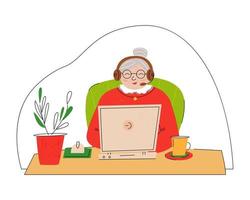 happy grandma with laptop concept. A pensioner with hands free listens to music, communicates, plays. Versatile design. Vector illustration, cartoon flat