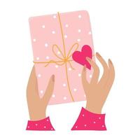 Hands wrap a holiday gift. Packaging of a gift box for Valentine's Day. A surprise for a loved one. Top view. A confession of feelings. A universal concept. Flat vector illustration