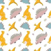 Cute baby pattern with dinosaurs, reptiles and lizards. Seamless background. Stylish ornament in Scandinavian style. Endless printing on fabric, children's textiles. Vector illustration, hand drawn