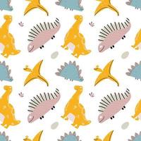 Cute baby pattern with dinosaurs, reptiles and lizards. Seamless background. Stylish ornament in Scandinavian style. Endless printing on fabric, children's textiles. Vector illustration, hand drawn