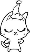dibujo de línea tranquila de un gato con sombrero de santa vector
