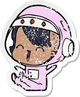 distressed sticker of a happy cartoon space girl vector