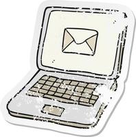 retro distressed sticker of a cartoon laptop computer with message symbol on screen vector