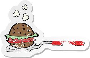 pegatina retro angustiada de una espátula de dibujos animados con hamburguesa vector