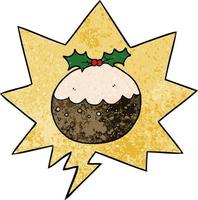 cartoon christmas pudding and speech bubble in retro texture style vector