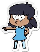 sticker of a cartoon whistling girl pointing vector