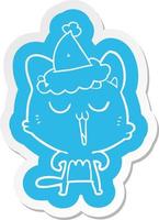 cartoon  sticker of a cat singing wearing santa hat vector
