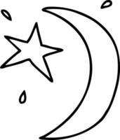 line drawing doodle of the moon and a star vector