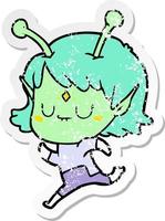 distressed sticker of a cartoon alien girl vector