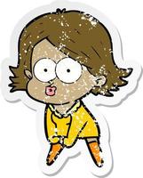 distressed sticker of a cartoon girl pouting vector