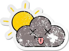 distressed sticker of a cute cartoon storm cloud and sun vector