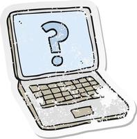 retro distressed sticker of a cartoon laptop computer with question mark vector