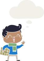 cartoon laughing boy and thought bubble in retro style vector