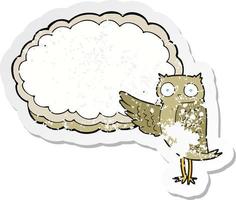 retro distressed sticker of a cartoon owl pointing vector