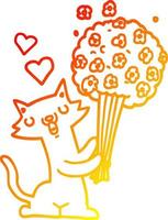 warm gradient line drawing cartoon cat in love with flowers vector