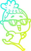cold gradient line drawing cartoon happy woman wearing spectacles vector