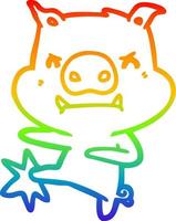 dibujo de línea de gradiente de arco iris patadas de karate de cerdo de dibujos animados enojado vector
