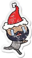 distressed sticker cartoon of a bearded man crying wearing santa hat vector