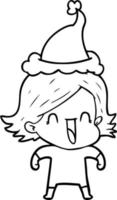 line drawing of a happy woman wearing santa hat vector