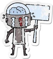 distressed sticker of a cartoon crying robot waving sign vector