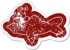 cartoon distressed sticker of a fish wearing santa hat vector