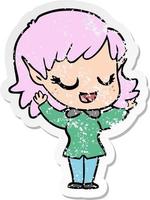 distressed sticker of a happy cartoon elf girl vector