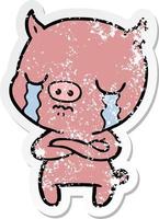 distressed sticker of a cartoon pig crying vector