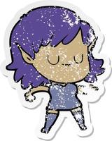 distressed sticker of a happy cartoon elf girl vector