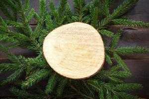 Natural ecological background of a round cut tree on spruce branches. New year, Christmas in rustic style, eco-friendly. Space for text, frame photo