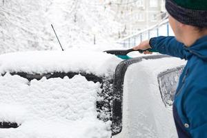 A man brushes snow from a car after a snowfall. A hand in a blue jacket with a car broom on the white body. Winter weather conditions photo
