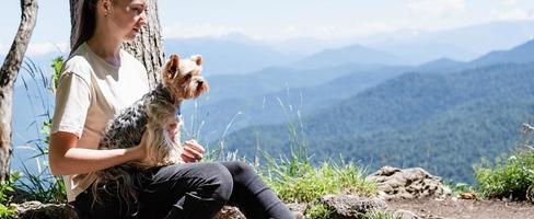 young woman holding small dog puppy yorkshire terrier hiking at the mountains photo