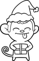 funny line drawing of a monkey with christmas present wearing santa hat vector