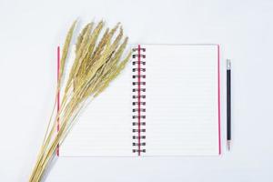 open note book with pencil and grass flowers on background photo