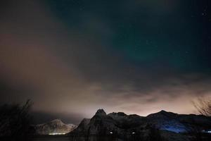 Aurora borealis Green northern lights above mountains photo