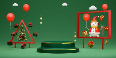 Podium Empty and snowman with frame and geometric shapes in green composition for website or poster or Happiness cards,Christmas banner and festive New Year, realistic 3d illustration or 3d render photo