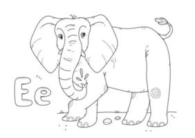 Elephant coloring book with English large and small letters E. Children's coloring page alphabet. Vector linear illustration with an animal.