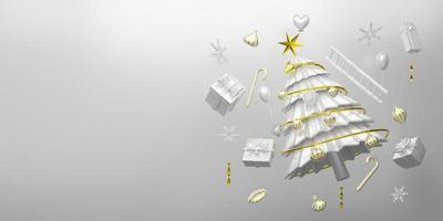 Christmas tree with gift box and ornaments in white composition for modern stage display and minimalist mockup ,Concept Christmas and a festive New Year, 3d illustration or 3d render photo