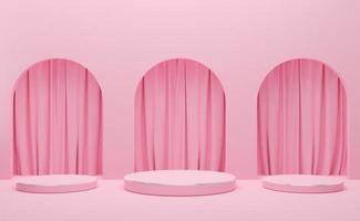 podium empty with geometric shapes and curtain in pink pastel composition for modern stage display and minimalist mockup ,abstract showcase background ,Concept 3d illustration or 3d render photo