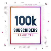 Thank you 100K subscribers, 100000 subscribers celebration modern colorful design. vector