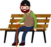 Grandfather sit on bench. Old man with cane. Rest and lifestyle of funny senior. Element of Park. Concept of old age. vector